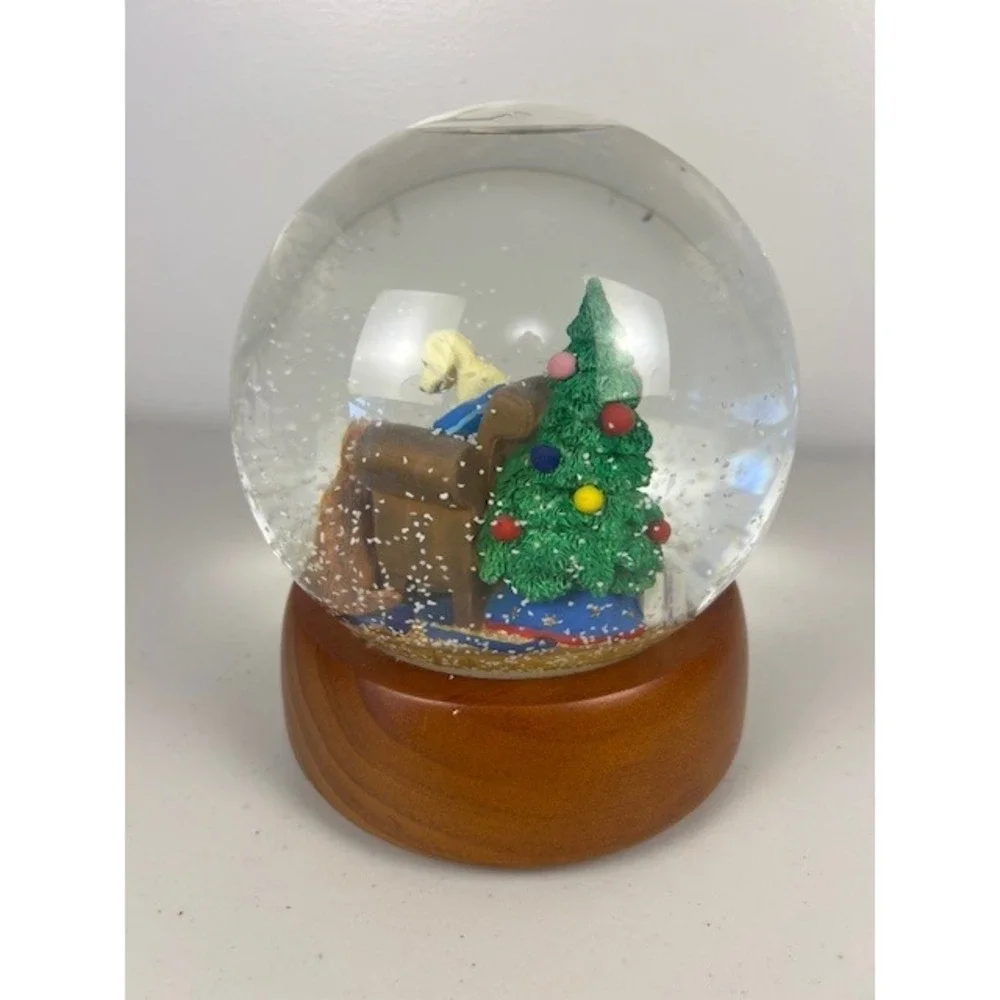 Pottery Barn Y2K‎ Christmas Snow Globe Golden Retriever Puppies Wood Base 7.5 In